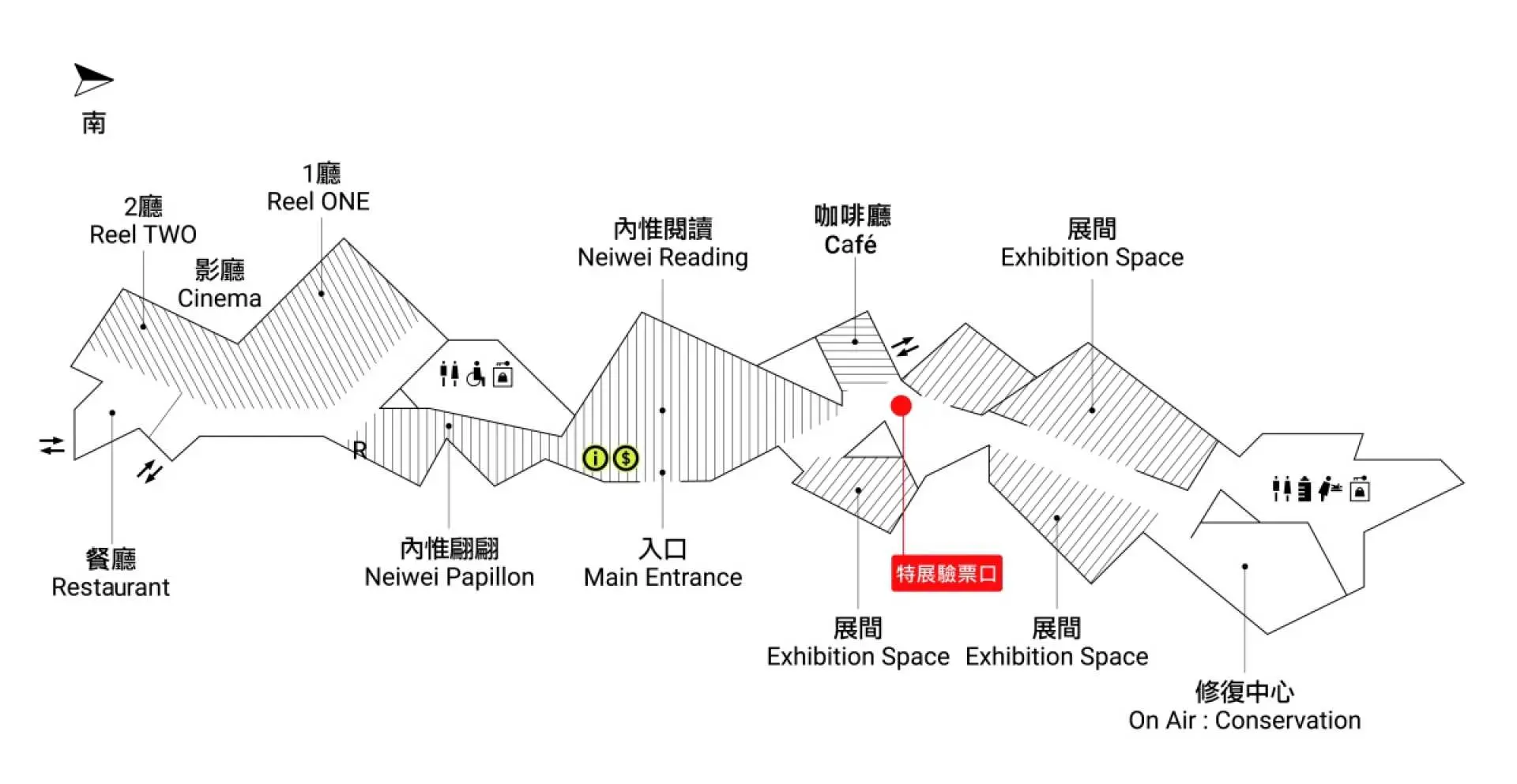 Clear floor plan of Neiwei Arts Center, detailing exhibition spaces, cinema, cafe, and main entrance. A red dot marks the special exhibition ticket counter, helping 'Mr.'s Whimsical Love' visitors plan their route.