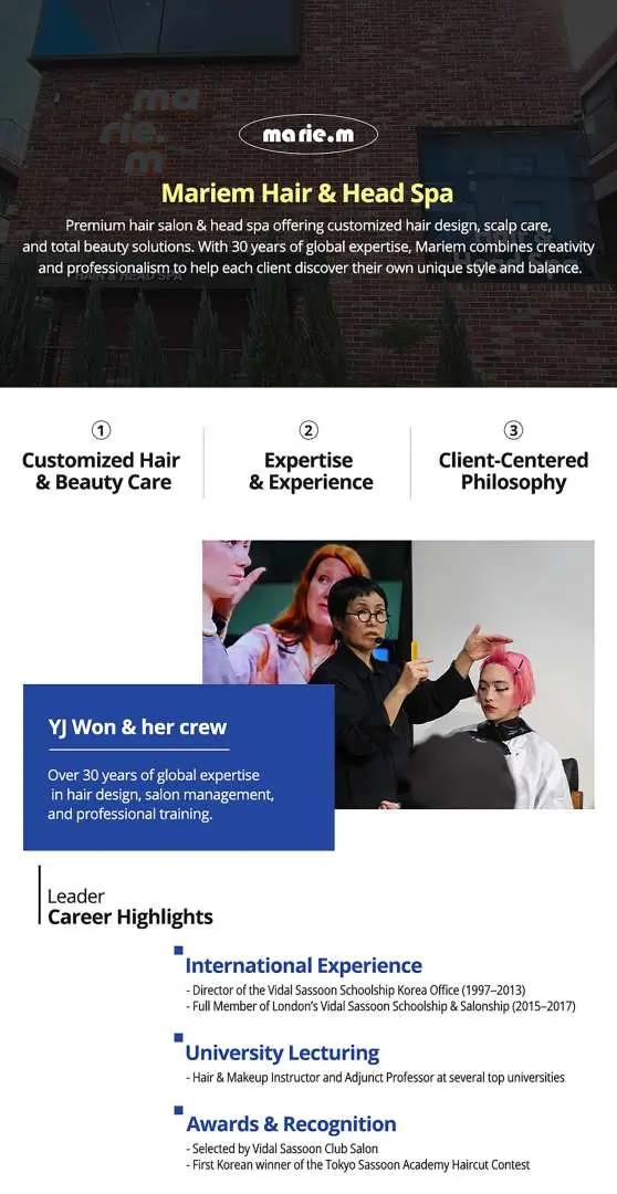 ข้อมูลภาษาอังกฤษของ Mariem Salon โซล รายละเอียดประสบการณ์อันกว้างขวางและความสำเร็จระดับมืออาชีพของ VJ Won และทีมงานในด้าน K-beauty