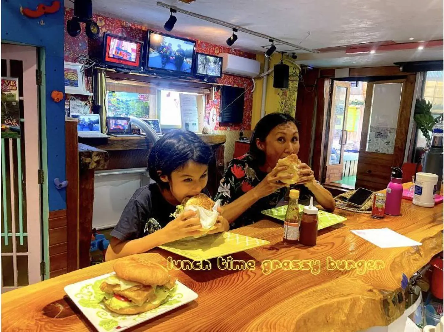 Lunch time. A big grassy Burger for lunch or for those vegies a Big Tofu vegie burger available at booking