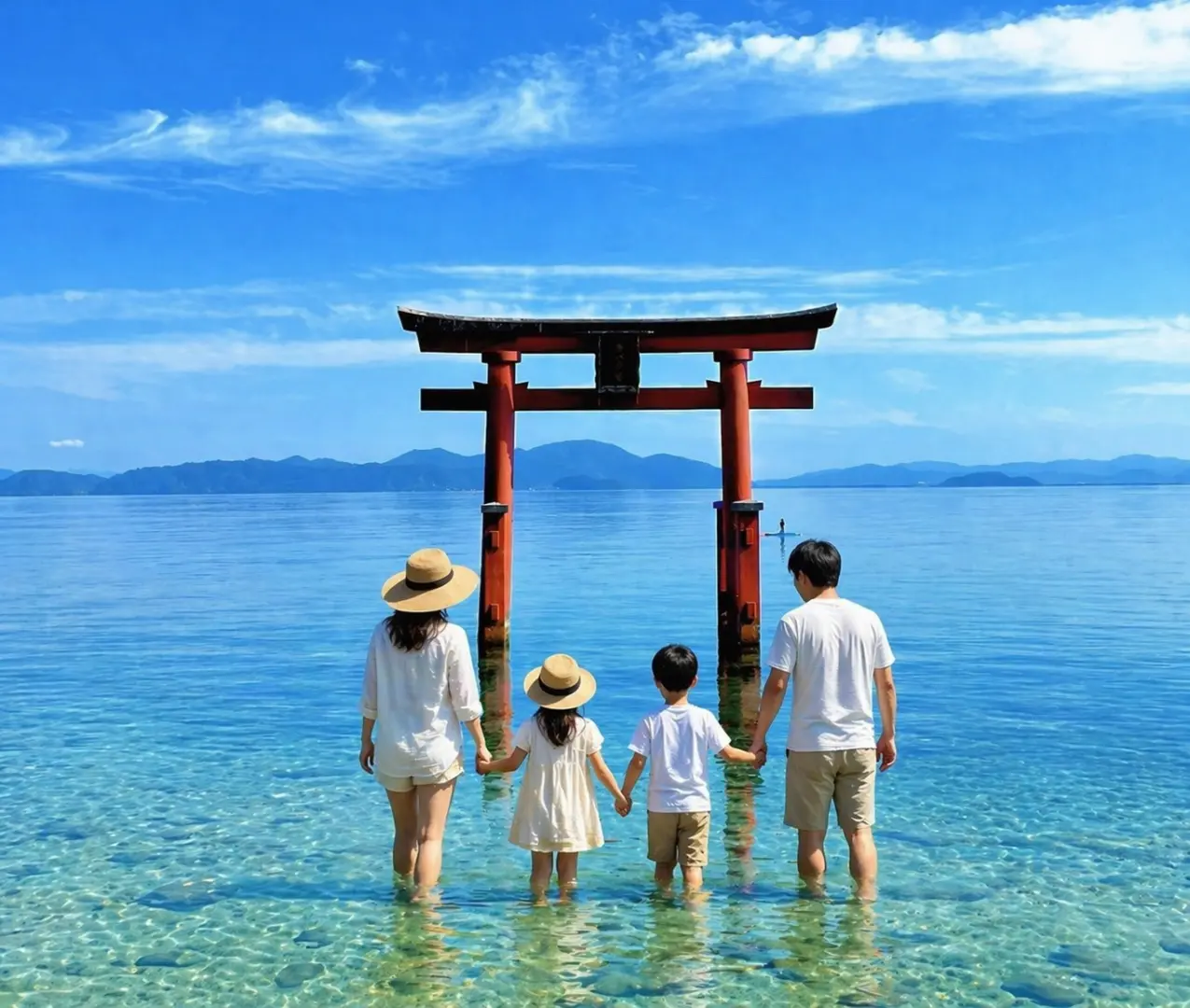 琵琶湖是日本中西部山区的淡水湖，靠近京都，是日本的象征、国家公园和最大湖泊，日本湖沼水质保全特别措置法指定湖泊，被列入湿地公约国际重要湿地名录中。琵琶湖与富士山一样被日本人视为日本的象征，被人们亲切地称为“生命之湖”。
白须神社约建于1900年前，是近江最古老的神社，已入选为日本遗产故事构成要素之一。这里风景迷人，浮出水平线的冲岛构成背景，渔船穿行在湖中鸟居之间，景色尤美。
白须神社的水上鸟居就静静地伫立在琵琶湖中，以不变应万变，朝飞暮卷、碧空如洗、风云变换、斗转星移，呈现出各不相同的景象，得到无数摄影爱好者的青睐。
（拍摄水上鸟居的时候推荐到拍摄专用展望台-蓝湖白须台哦~）