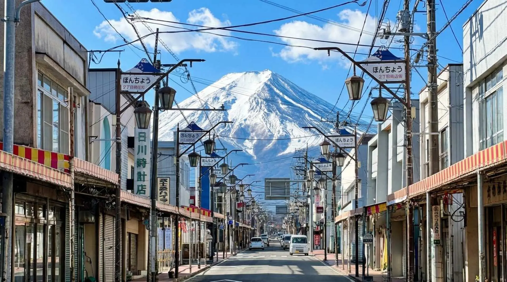 富士山街景代表机位之一，街道、时钟、小镇元素组合在一起，画面很安静，也很日常，适合拍“生活感”的富士山照片