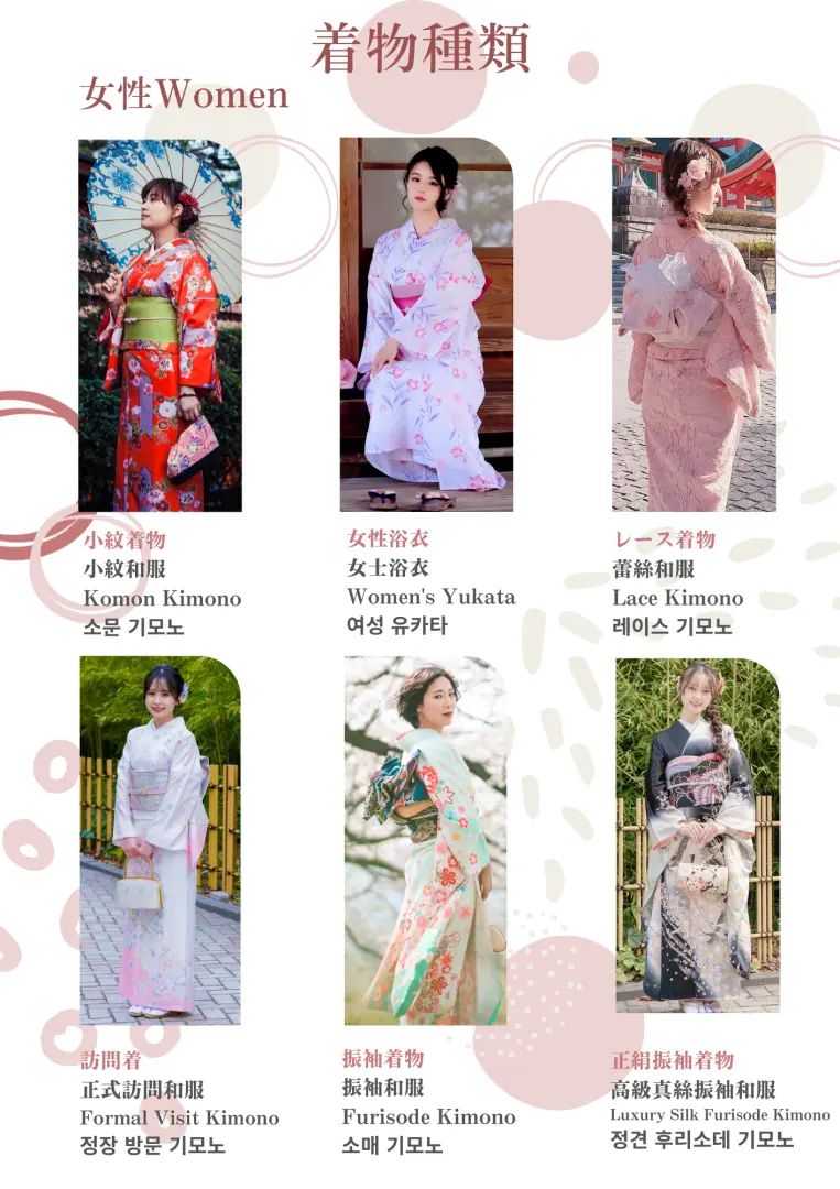 和服種類：我們提供各種各樣的和服。