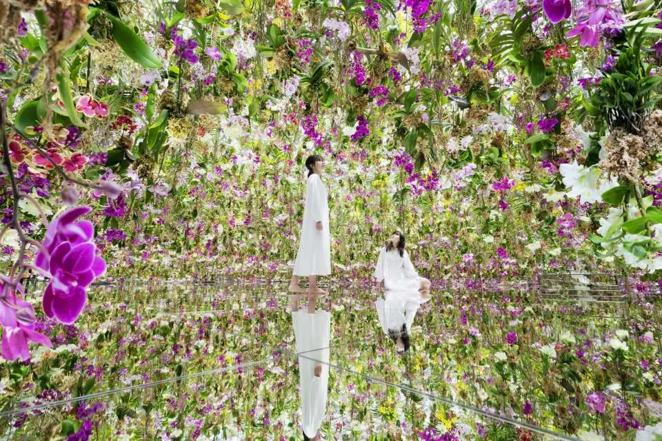 漂浮的花園Floating Flower Garden ：花朵，充填成立體的花的團塊，形成了花園。  雖然空間中充滿了花朵，但人所在的位置，花朵會漂浮上升，所以會形成空間。因此人們可以在花朵充填而成的團塊中自由地漫步。而在作品空間中與他人相遇時，各自的空間會互相連接，形成一個新的空間。