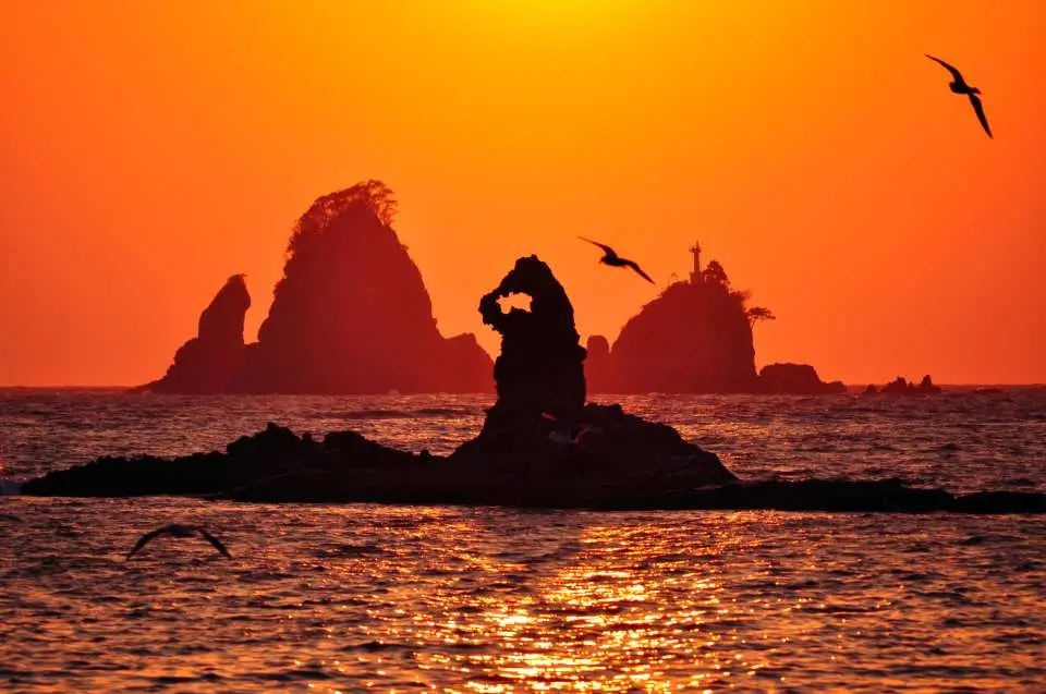 伊豆海岸線嘅夕陽美景，橘紅色天空海鳥飛翔，獨特岩石剪影。