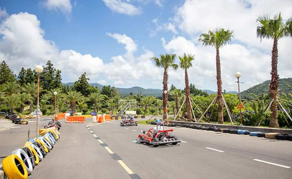 A red go-kart speeding on the long Wind 1947 racetrack in Jeju Island, surrounded by vibrant palm trees and lush mountain scenery under a clear blue sky, promising a thrilling experience.