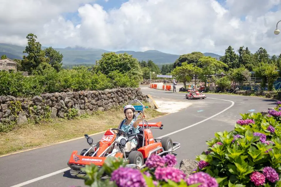 A karting enthusiast skillfully drives a red go-kart on the scenic Wind 1947 track in Jeju, feeling the adrenaline rush amidst blooming purple flowers, stone walls, and distant mountains, enhancing the thrill.