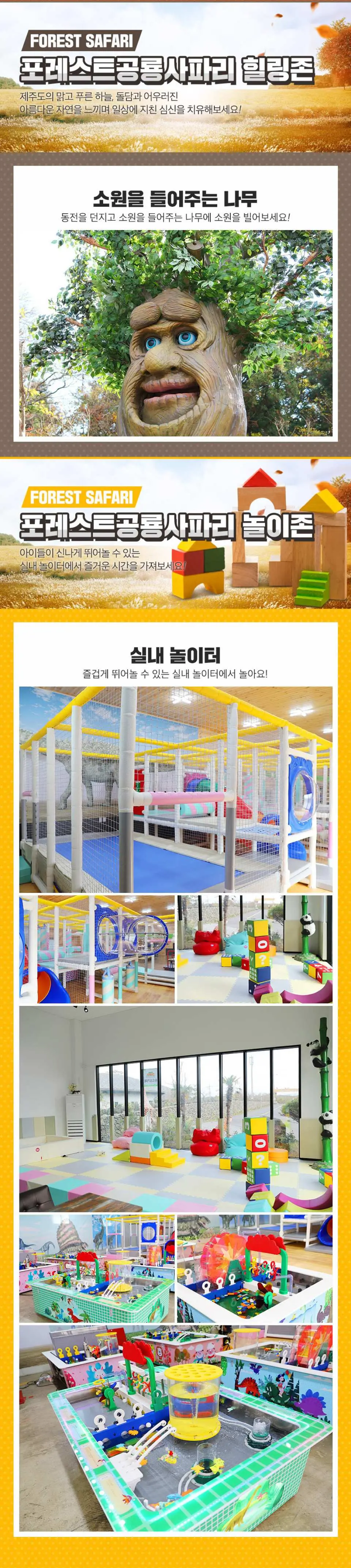 An infographic detailing attractions at Jeju Forest Dinosaur & Wild Animal Park, featuring the magical Wishing Tree and vibrant indoor children's play areas with slides and ball pits.