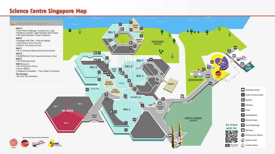 新加坡科学中心详细导览图，清楚标示各展厅、Omni Theatre和Kids Stop儿童科学馆位置，方便游客规划参观路线。