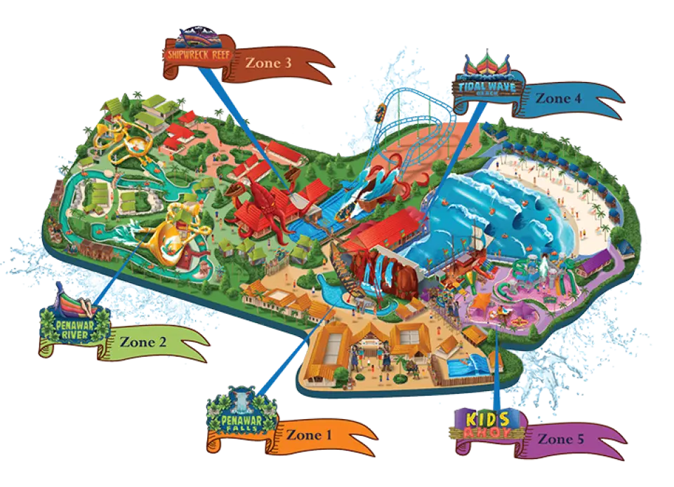 An illustrated map of Desaru Coast Adventure Waterpark, highlighting its five distinct zones and the layout of over 20 attractions and slides, ideal for guest navigation.