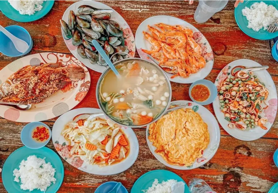 seafood lunch spread on table