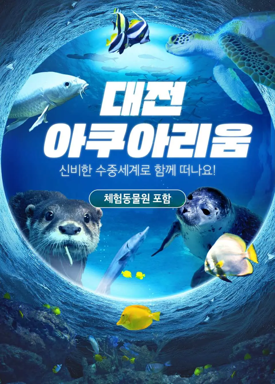 대전 아쿠아리움의 세로 홍보 이미지. 로고, 수달, 바다표범, 바다거북 등 풍부한 해양 생물을 보여주며, 입장권에 체험 동물원 항목이 포함됨을 강조합니다.