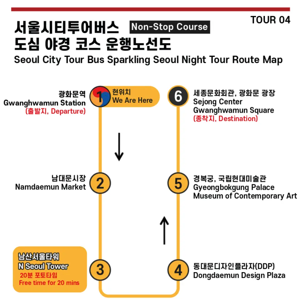 Please note: From March 22 to April 19, 2026, the route will be changed to the "City Night View Route" and will not be the original Han River Night View Route.