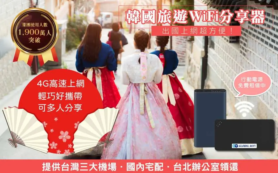 韓國傳統街景中，身著韓服的遊客旁，展示4G高速WiFi分享器與行動電源，強調輕巧便攜、多人共享及台灣機場領取歸還的便利服務。