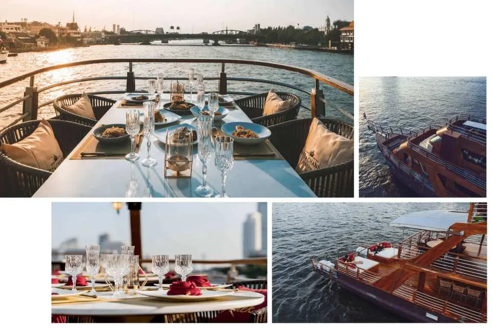 Bộ ảnh ghép về trải nghiệm du thuyền sang trọng Pruek Cruise, bao gồm ăn tối trên boong lúc hoàng hôn, toàn cảnh du thuyền từ trên cao và cận cảnh bàn ăn, làm nổi bật sự quyến rũ độc đáo.