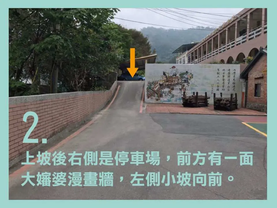2.經過上坡後，右側為停車場，前方有一面大嬸婆漫畫前，沿著左側小坡往前走。