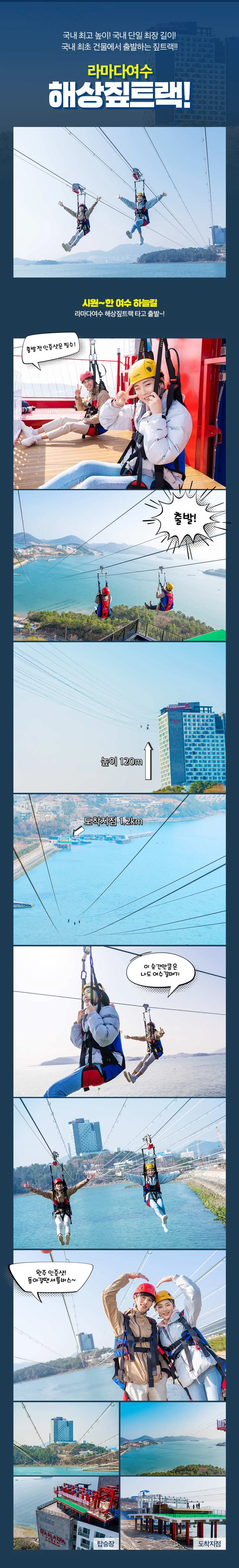 한국 여수 라마다 해상 짚트랙의 체험 플로우차트로, 고공 짚트랙의 스릴 넘치는 순간과 5성급 호텔의 편안한 시설을 결합하여 완벽한 여행을 보여줍니다.
