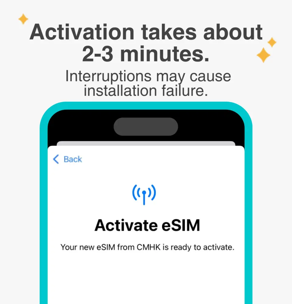 スマートフォン画面に「Activate eSIM」のプロンプトが表示され、中華電信ローミングeSIMの有効化には約2〜3分かかり、サービスのスムーズな開始を保証します。