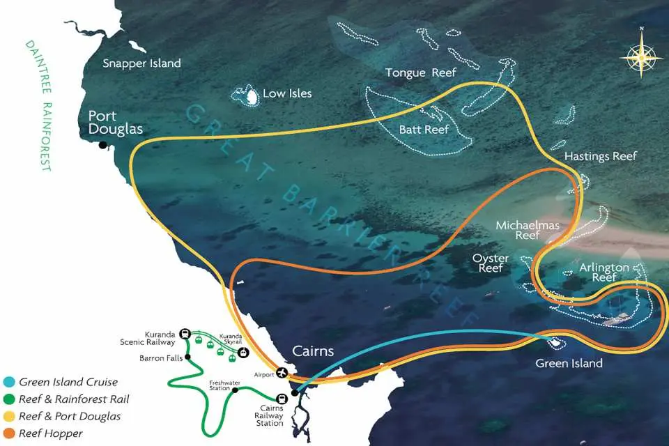 gsl cairns flight map with reef hopper route highlighted in orange