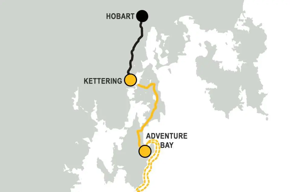 Map of Tasmania's Bruny Island wilderness cruise itinerary, showing transfer service from Hobart to Kettering and exploration routes around Bruny Island.