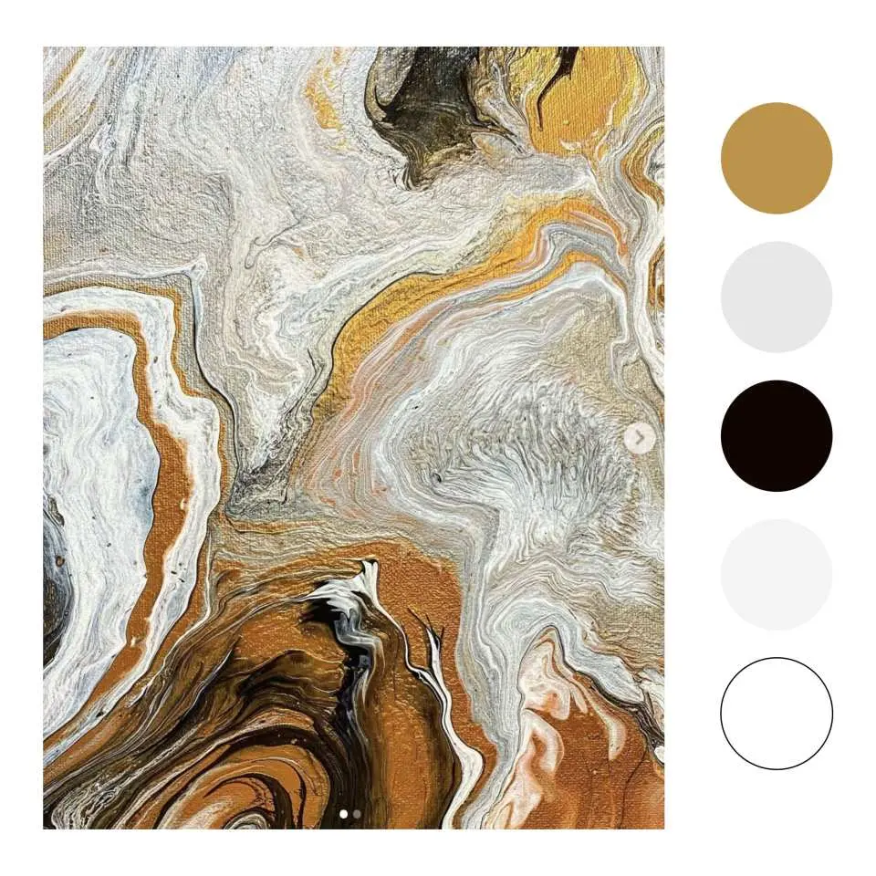Roca art大地色系流体画作品，以金、灰、白、黑压克力颜料创造出优雅的流动线条，适合居家美学。