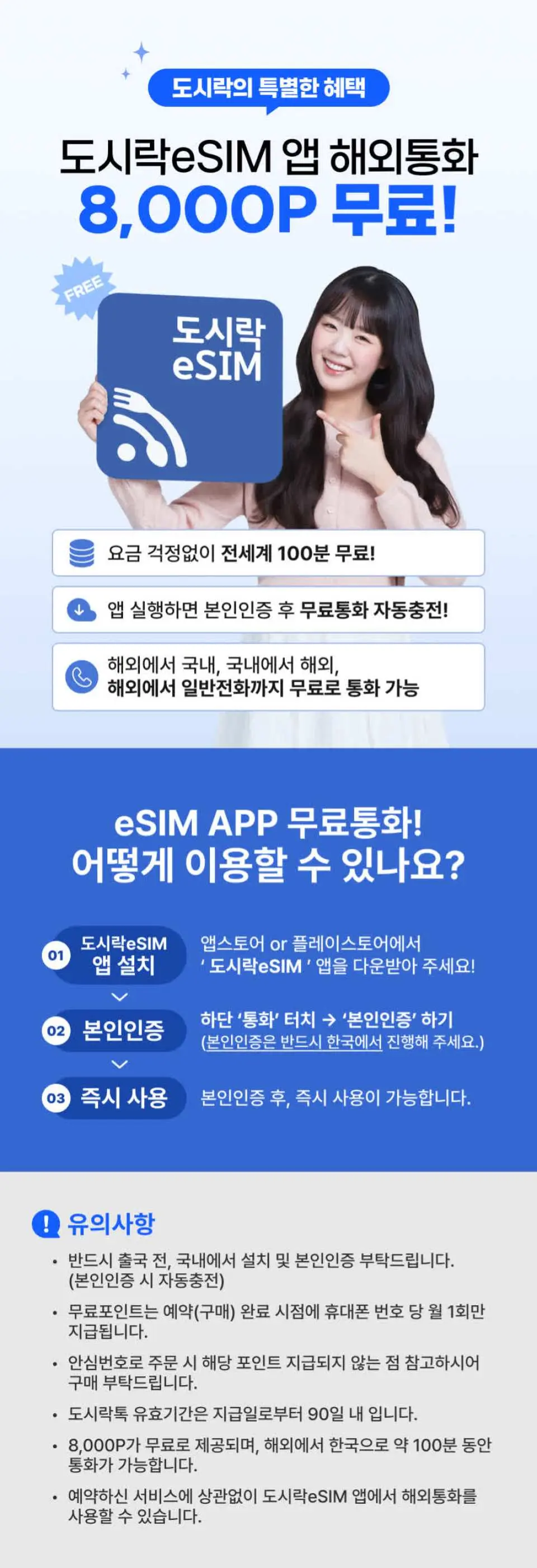 일본 여행 데이터 요금제를 홍보하는 파란색 인포그래픽. 도시락 eSIM 앱과 무료 국제 전화 8,000P 혜택을 소개하며, 여성이 휴대폰으로 앱 인터페이스를 시연.