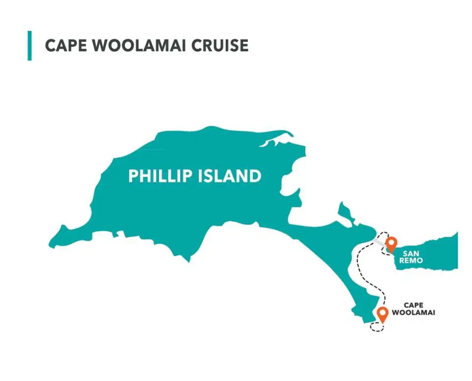 Route map for the Cape Woolamai eco-cruise on Phillip Island, illustrating the journey from San Remo to the scenic Cape Woolamai destination.