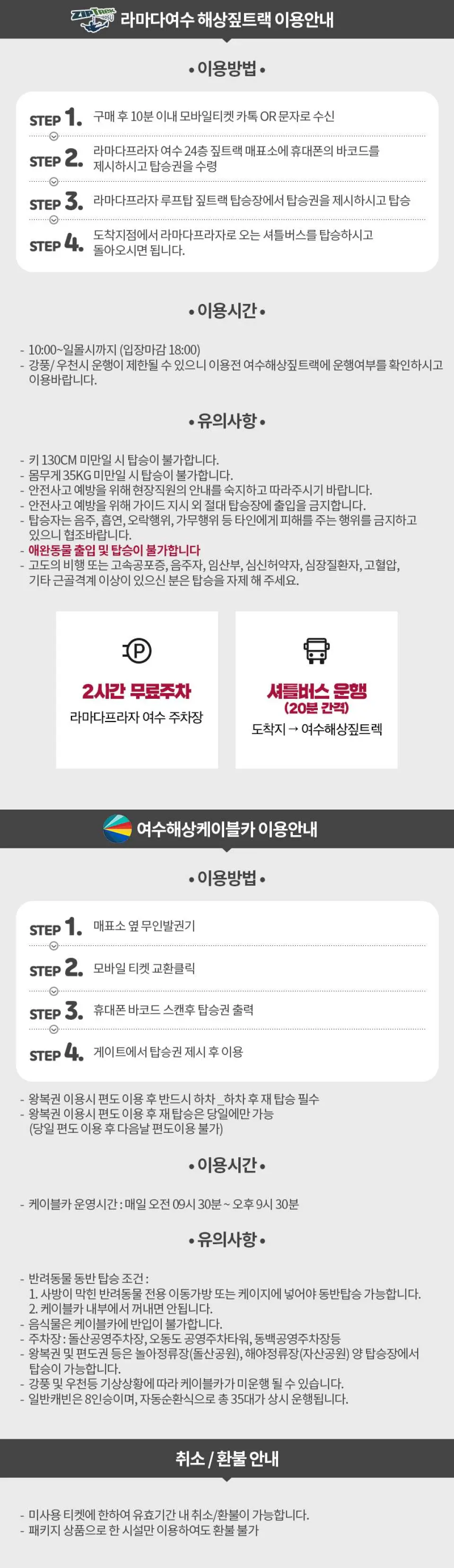여수 라마다 짚트랙 및 해상케이블카 티켓에 대한 한국어 상세 상품 정보 페이지. 이용 안내, 환불 정책 및 필수 예약 세부 사항을 명시하고 있습니다.