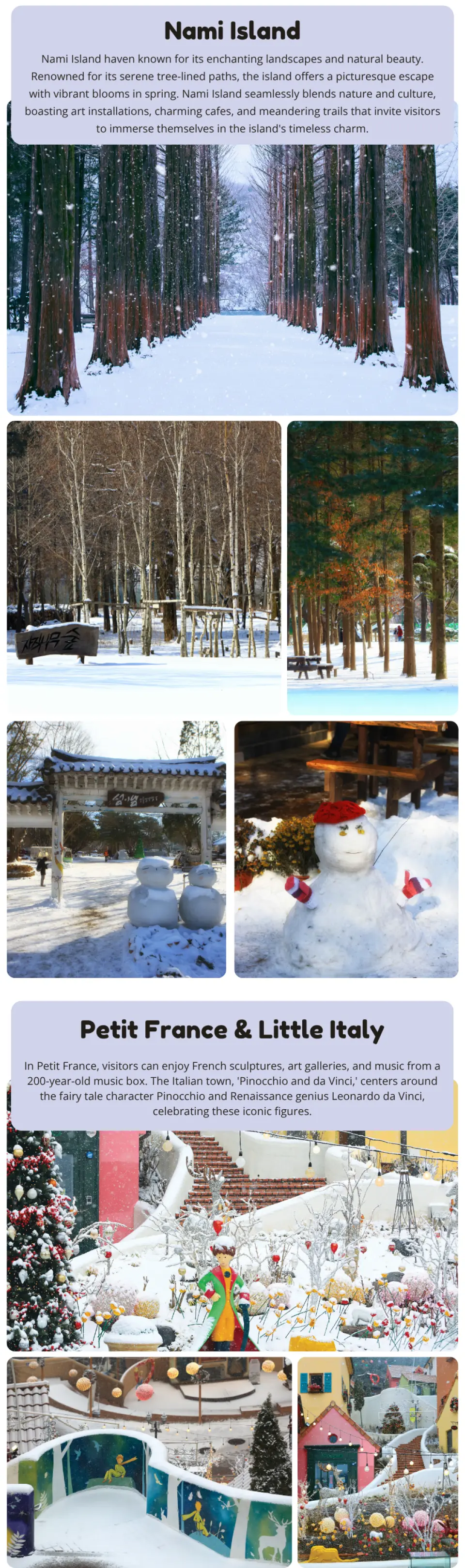 Simplified Chinese mobile page for Nami Island Day Tour, showcasing Nami Island's winter snowscapes, the romantic European-style Petite France, and Little Italy villages, offering a rich combination of attractions, convenient for mainland Chinese travelers to browse.