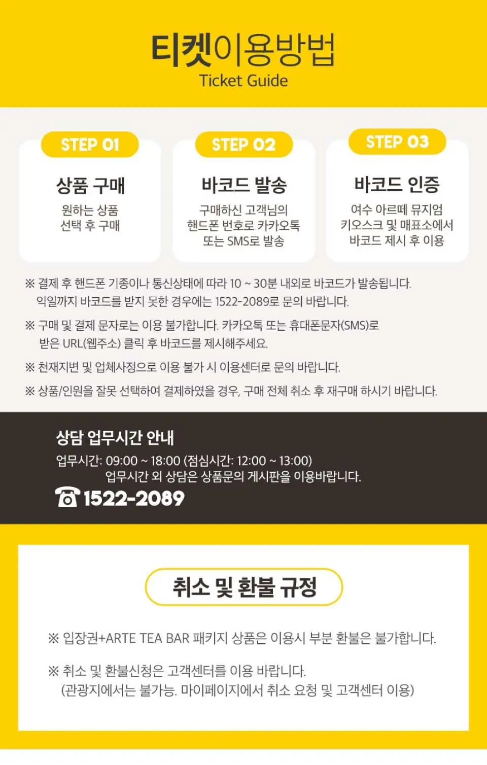 Korean language guide for Arte Museum Yeosu tickets, detailing steps for purchase, barcode issuance, entry verification, customer service hours, and refund policies.