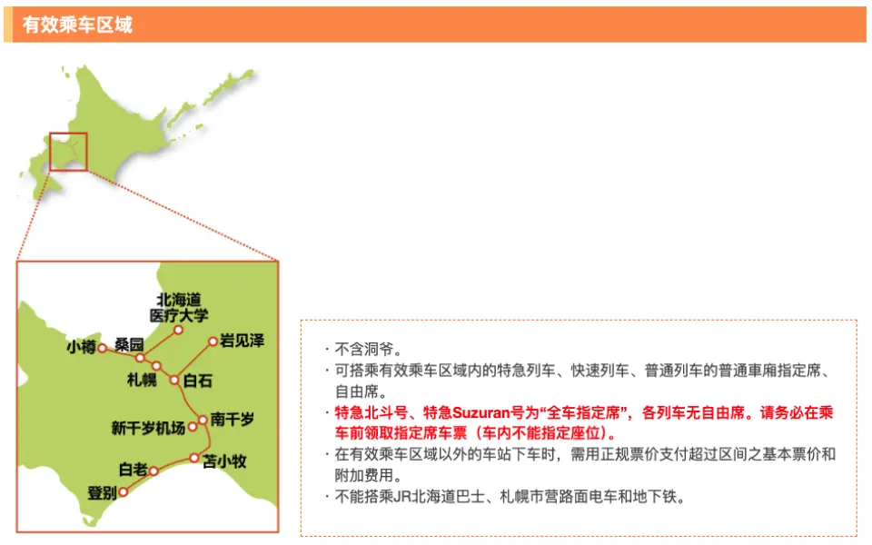 繁体中文版JR PASS有效乘车区域图，涵盖札幌、小樽、登别等站点，搭配详细乘车规定与票务信息。