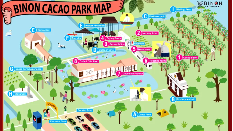 An illustrated map of Binon Cacao Park, detailing areas like the Cacao Farm, Chocolate Factory, Restaurant, and Gift Shop, useful for planning an eco-tourism visit from Ho Chi Minh City.