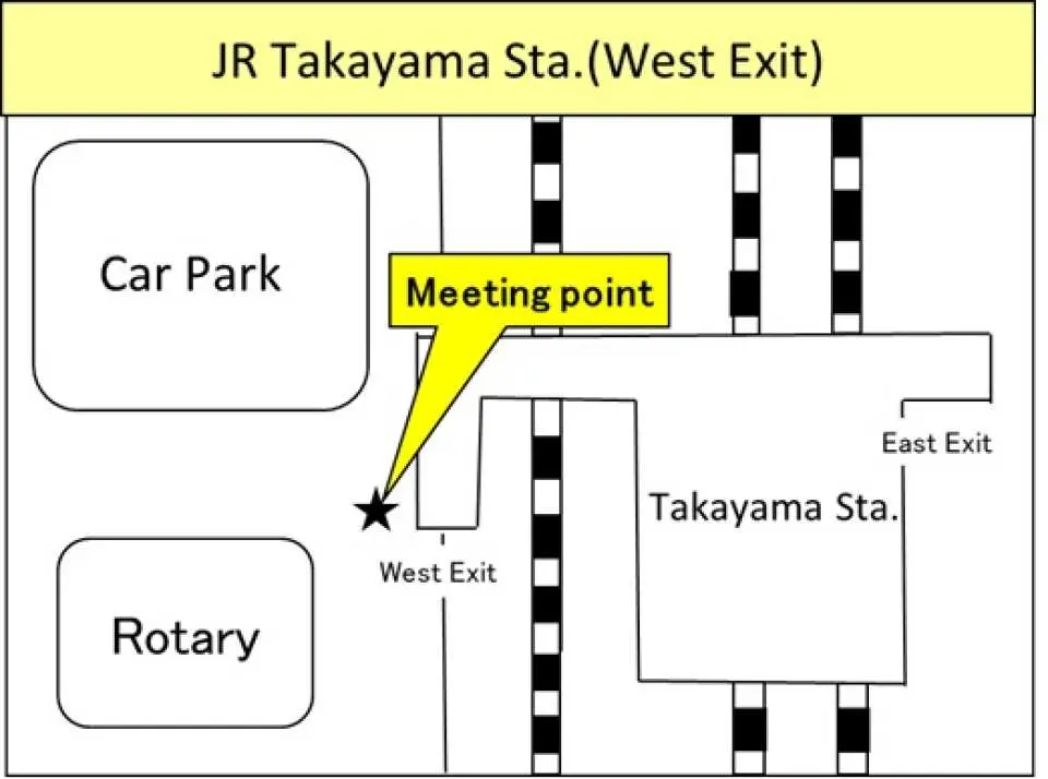Simplified English map indicating the meeting point for the round-trip bus to Washigatake Ski Resort near JR Takayama Station (West Exit), facilitating easy rendezvous for travelers.