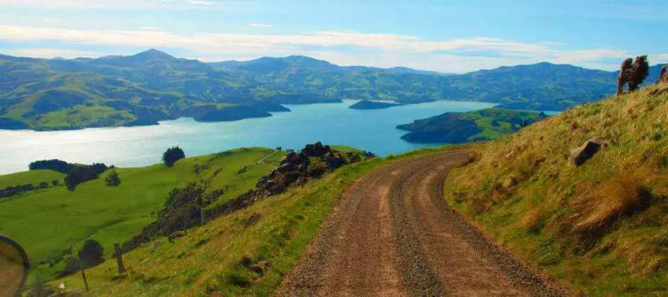 บริการรถขับเคลื่อน 4 ล้อรับส่งชมวิวจาก Akaroa ไปยัง Pohatu นิวซีแลนด์ ผ่านเนินเขาสีเขียวชอุ่มของคาบสมุทร Banks พร้อมทิวทัศน์อ่าวอันเงียบสงบและภูเขาที่อยู่ไกลออกไป