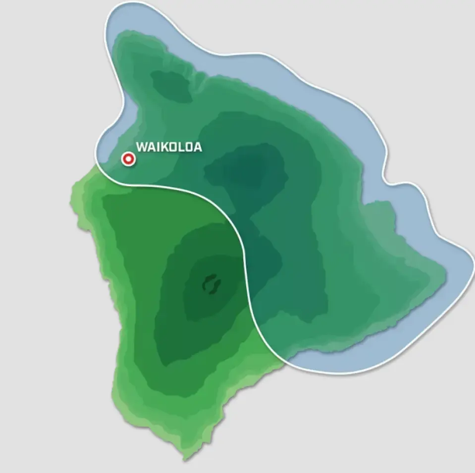 Simplified map of Hawaii Big Island, indicating the helicopter flight path around the Waikoloa area, highlighting key attractions in this region.