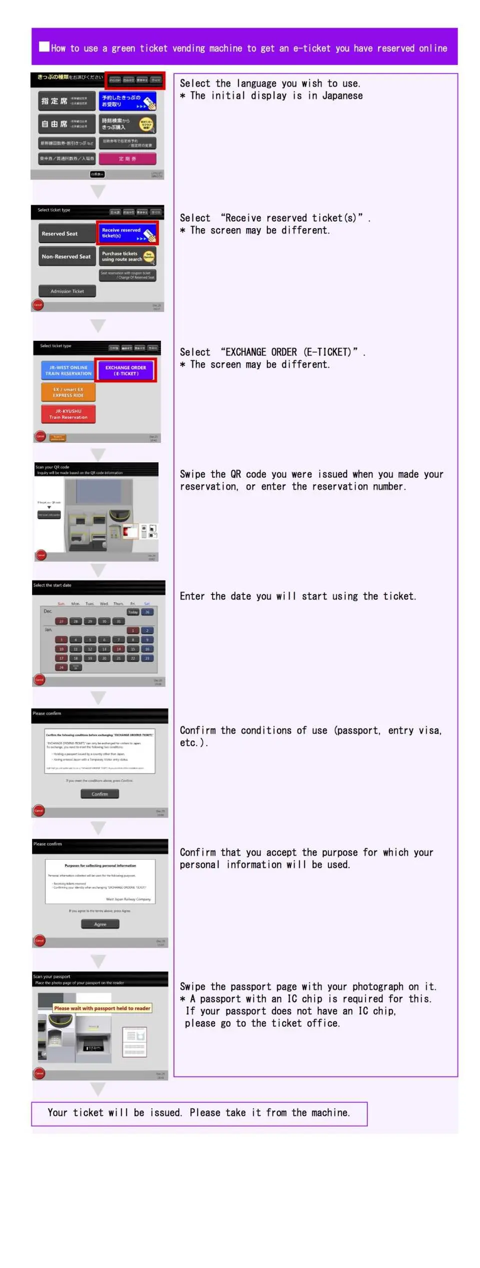 Screenshots of the self-service redemption process for the JR Sanyo-Setouchi Area Rail Pass eMCO electronic ticket at a JR machine, with clear English instructions.