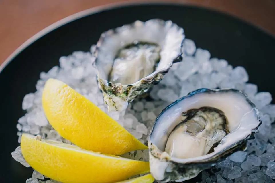 棺材湾牡蠣養殖場ツアーで提供される、砕いた氷とレモンが添えられた、新鮮でジューシーな牡蠣2個のクローズアップ。