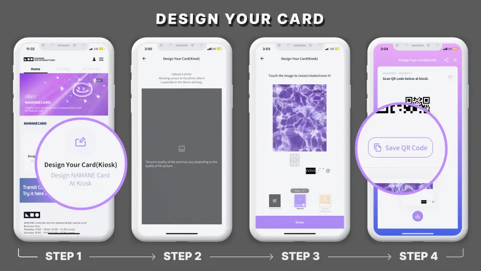 A flowchart of the NAMANE Card mobile app's customized card design process, showing four steps from selecting an image to generating a QR code, highlighting the ease of card creation for South Korea free travel.