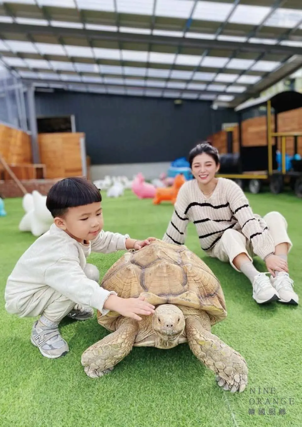 宜蘭回巢 Homing 荒野沙漠農場，家長與孩子坐在綠色草地上，輕輕撫摸著溫和的蘇卡達龜，享受溫馨互動時光。