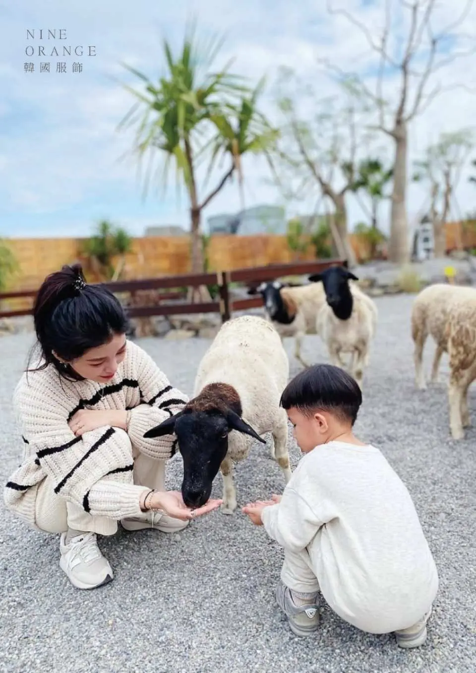宜蘭回巢 Homing 荒野沙漠農場，家長與孩子彎下腰，親手餵食溫馴的杜伯綿羊牧草，享受親密互動的樂趣。