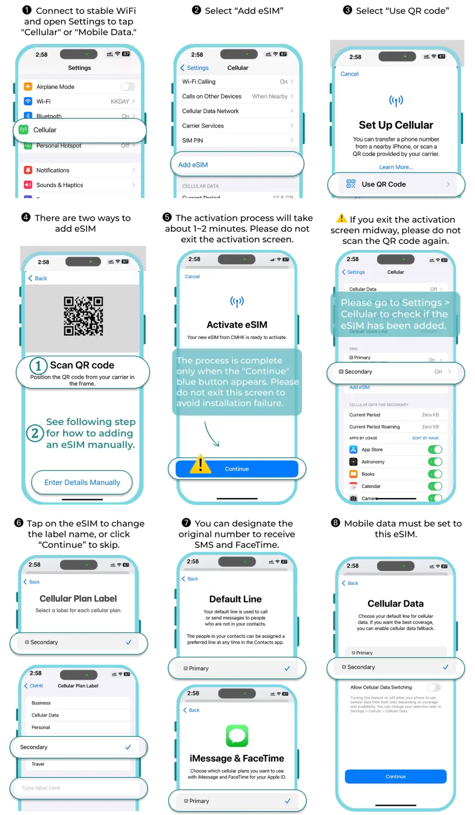 Mobile phone screen illustrating Japan eSIM installation steps in English, including QR code scanning and mobile data setup, for convenient 5G/4G high-speed internet for international travelers.