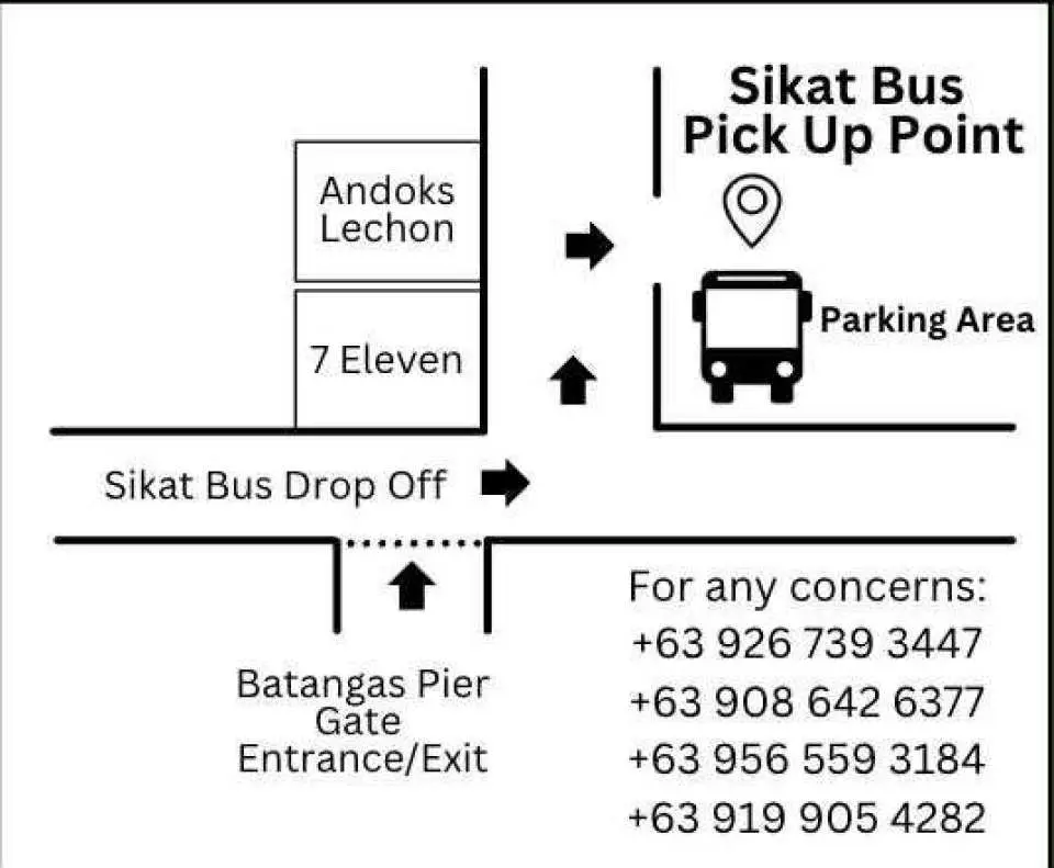 A map shows where the bus is parked when guests arrive at Batangas Pier from Puerto Galera.