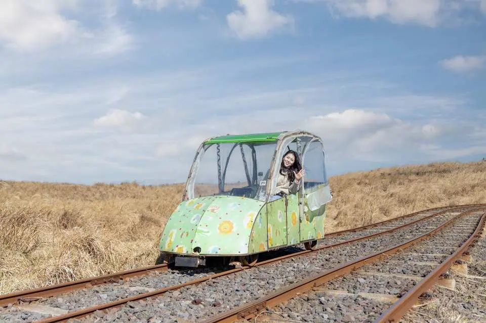一位女性遊客在濟州鐵路自行車上開心地揮手，周圍是廣闊的秋季枯黃草地，陽光灑落在軌道上，享受歡樂的戶外騎行。
