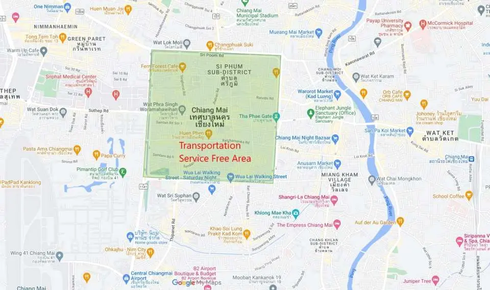 チェンマイの無料送迎サービスエリアを示す地図。観光客が集合場所や送迎範囲を確認し、スムーズな現地移動を確保するのに便利です。