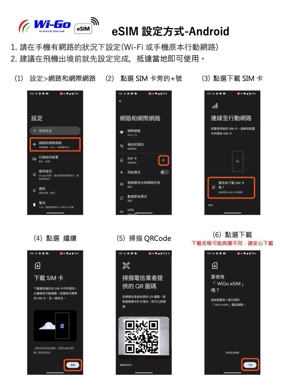 Android phone eSIM installation and setup steps, from network settings to QR code scanning for easy Japan internet activation.