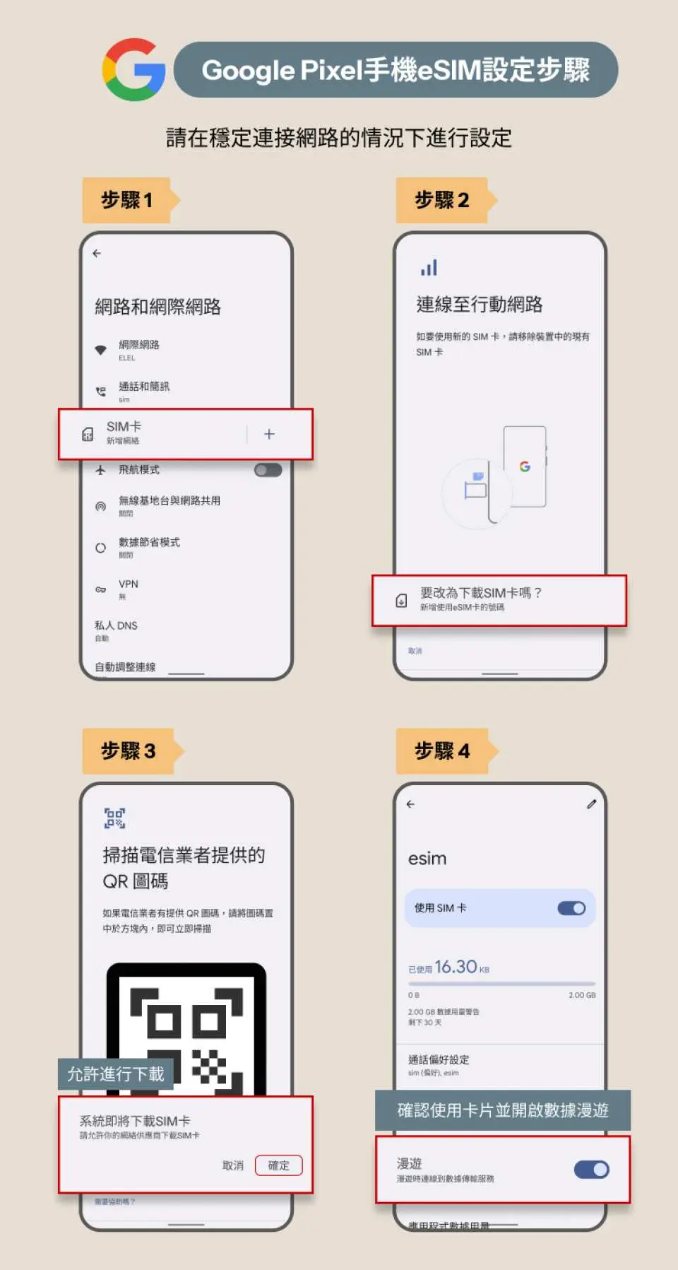Google Pixel Android系統eSIM設定教學，日文版分四步驟說明如何在Android手機上啟用日本5G eSIM，享受流暢網路。