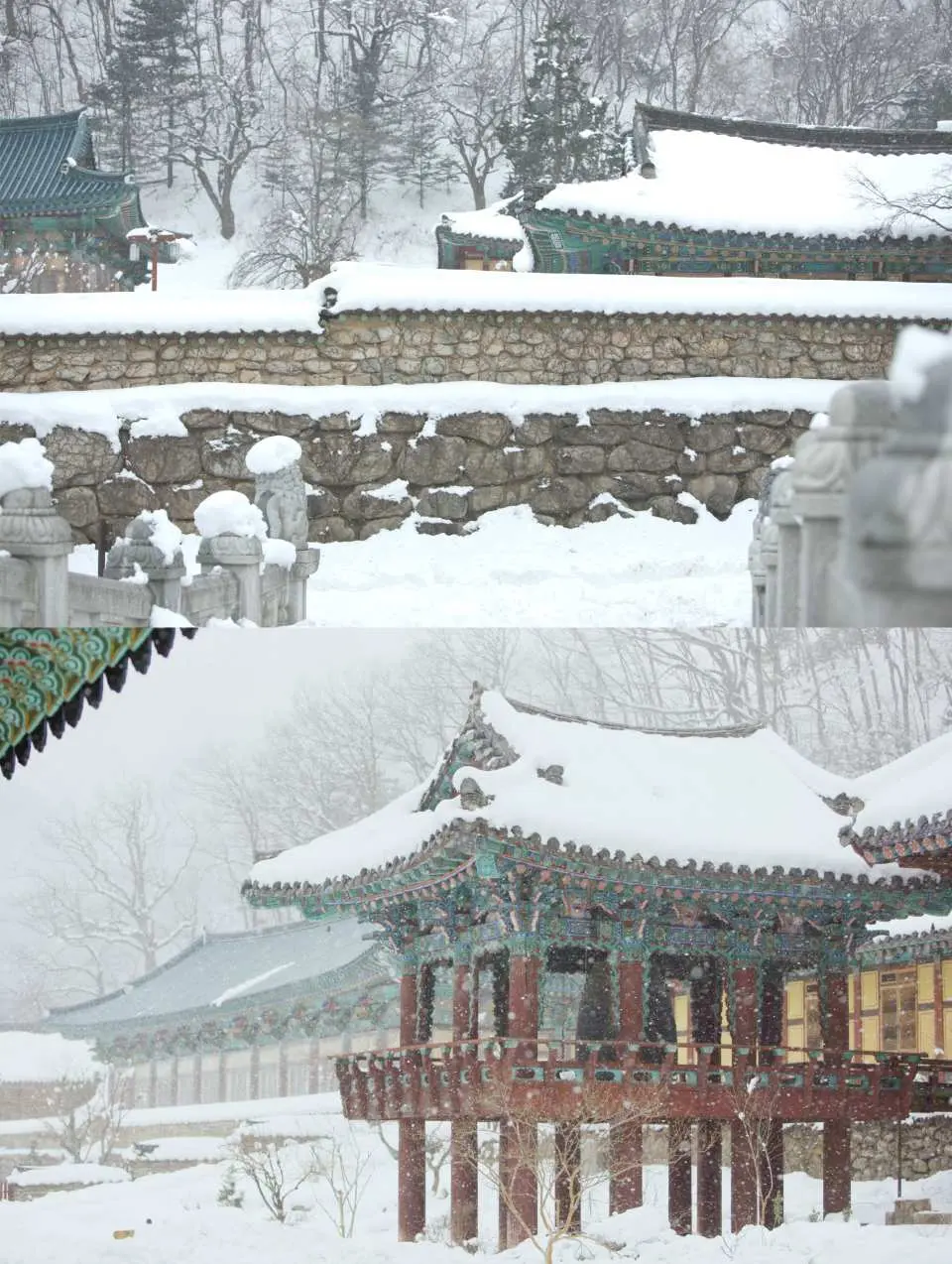 雪中傳統韓式寺廟建築群和石牆的特寫，展現雪嶽山地區獨特的冬季文化景觀和寧靜氛圍。