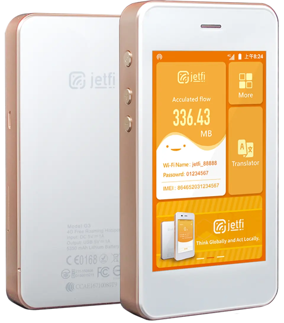 特寫一台精巧的玫瑰金Jetfi便攜式WiFi分享器，螢幕顯示數據用量、WiFi名稱與密碼，方便用戶隨時查看。
