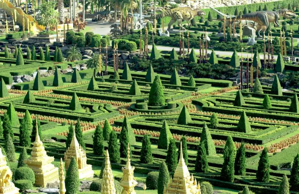 Wander among symmetrically designed gardens