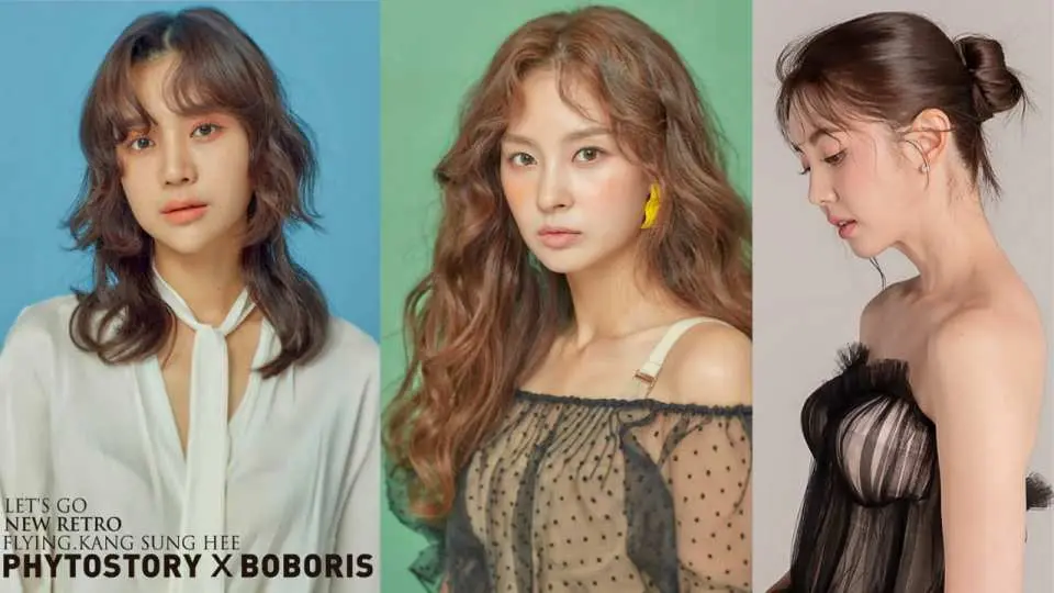 Three women showcasing K-pop style Korean hair and personalized makeup, reflecting trendy charm at CARADI Seoul hair salon.