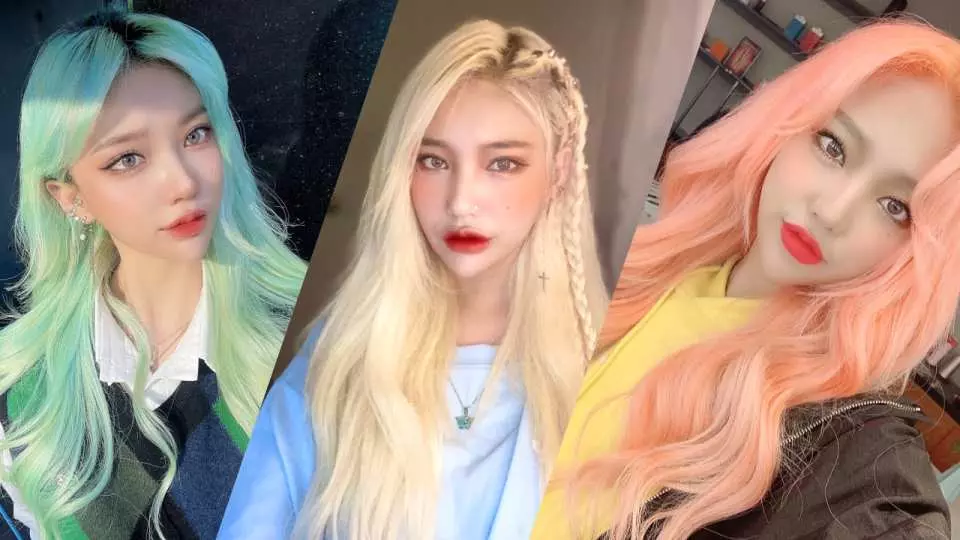 Three women with K-pop inspired Korean styling, featuring bold, vibrant hair colors and makeup, at CARADI Seoul hair salon.